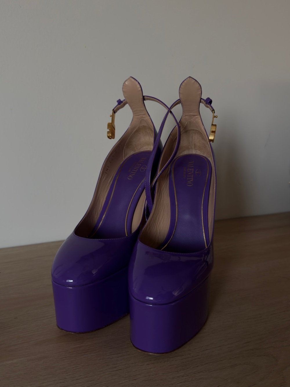 Valentino Purple Patent Platform Pumps with Gold Buckles